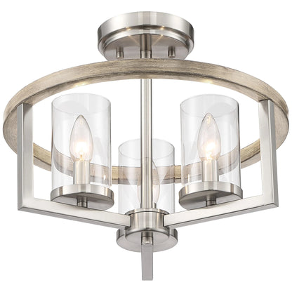 Possini Euro Design Senna Modern Industrial Ceiling Light Semi Flush Mount Fixture 15" Wide Brushed Nickel Gray Wood 3-Light Clear Glass for Bedroom