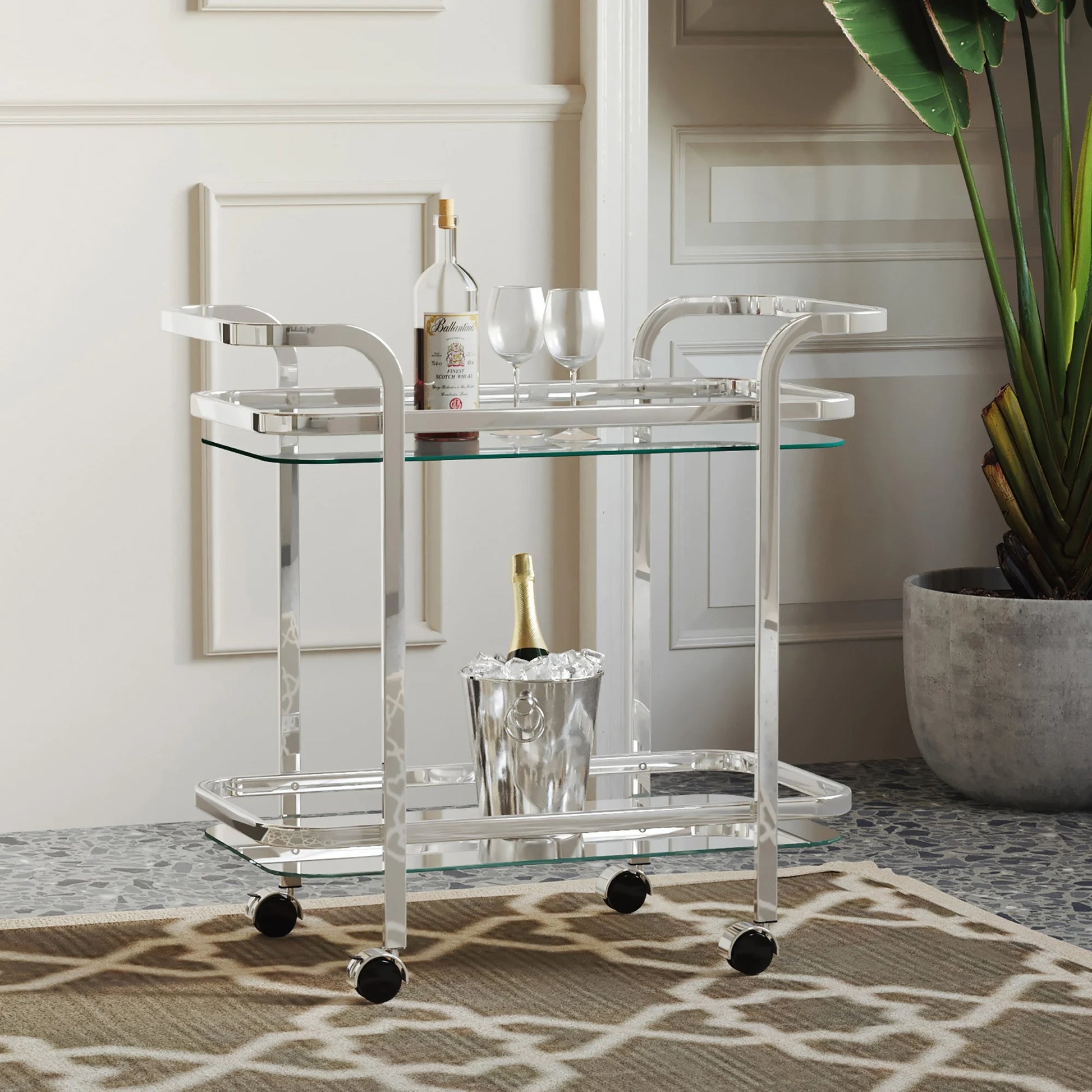Contemporary Home Living 2-Tier Bar Cart with Glass Top - 29.5" - Chrome and Clear