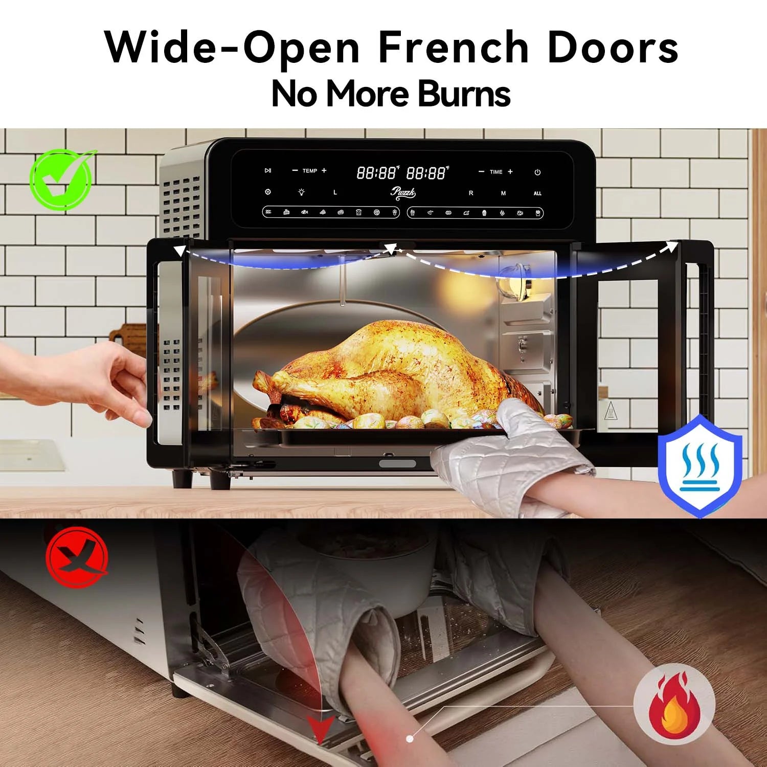 PwZzk 25.4QT Dual Zone Air Fryer Toaster Oven Combo, French Glass Door, XL Capacity, 100-430° F Temperature Range, 16 Preset Functions, LED Display, Dual Fan, 360° Heat Circulation, Rotisserie, Bake,