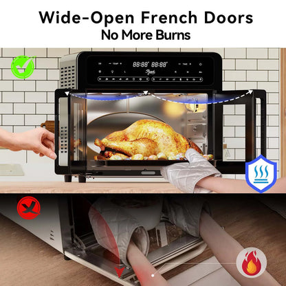 PwZzk 25.4QT Dual Zone Air Fryer Toaster Oven Combo, French Glass Door, XL Capacity, 100-430° F Temperature Range, 16 Preset Functions, LED Display, Dual Fan, 360° Heat Circulation, Rotisserie, Bake,