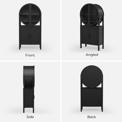 BROTTAR 65" Tall Rounded Wine Bar Cabinet with LED Lights, Storage Cabinet with Glass Doors & Shelves, Modern Liquor Coffee Bar Cabinet with Human Body Sensor for Kitchen, Living Room, Black