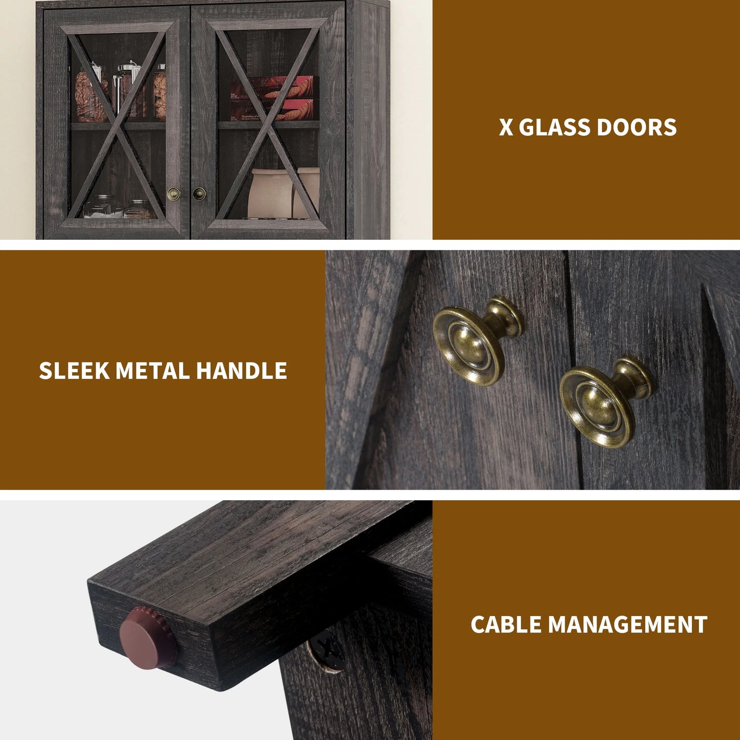 DEXTRUS Farmhouse Kitchen Pantry Storage Cabinet with Doors & Glass Holder, Dark Oak