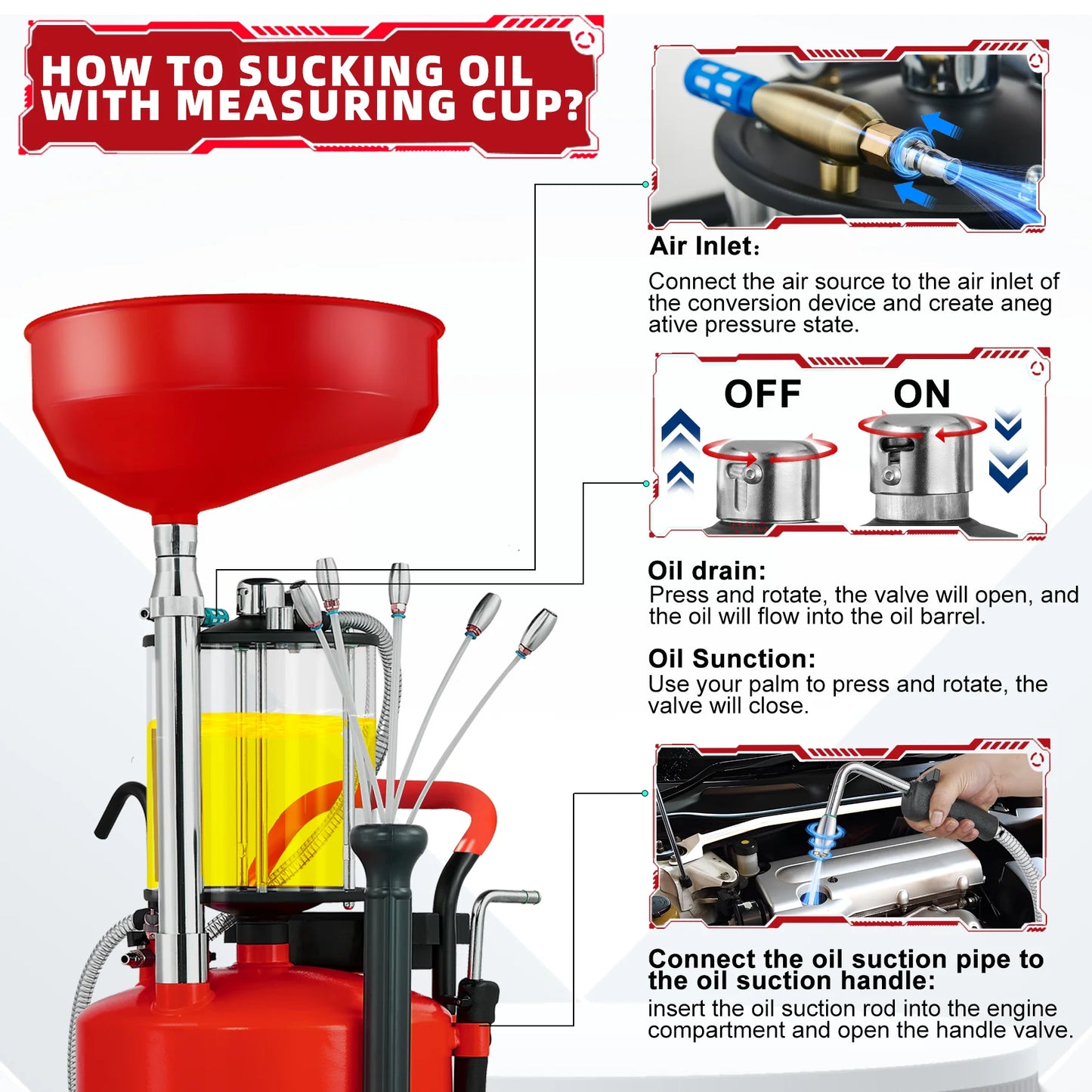 2024 Upgraded Design Pneumatic Oil Drainer & Extractor | Waste Oil Drain Tank | High-Quality Tempered Glass Measuring Cup