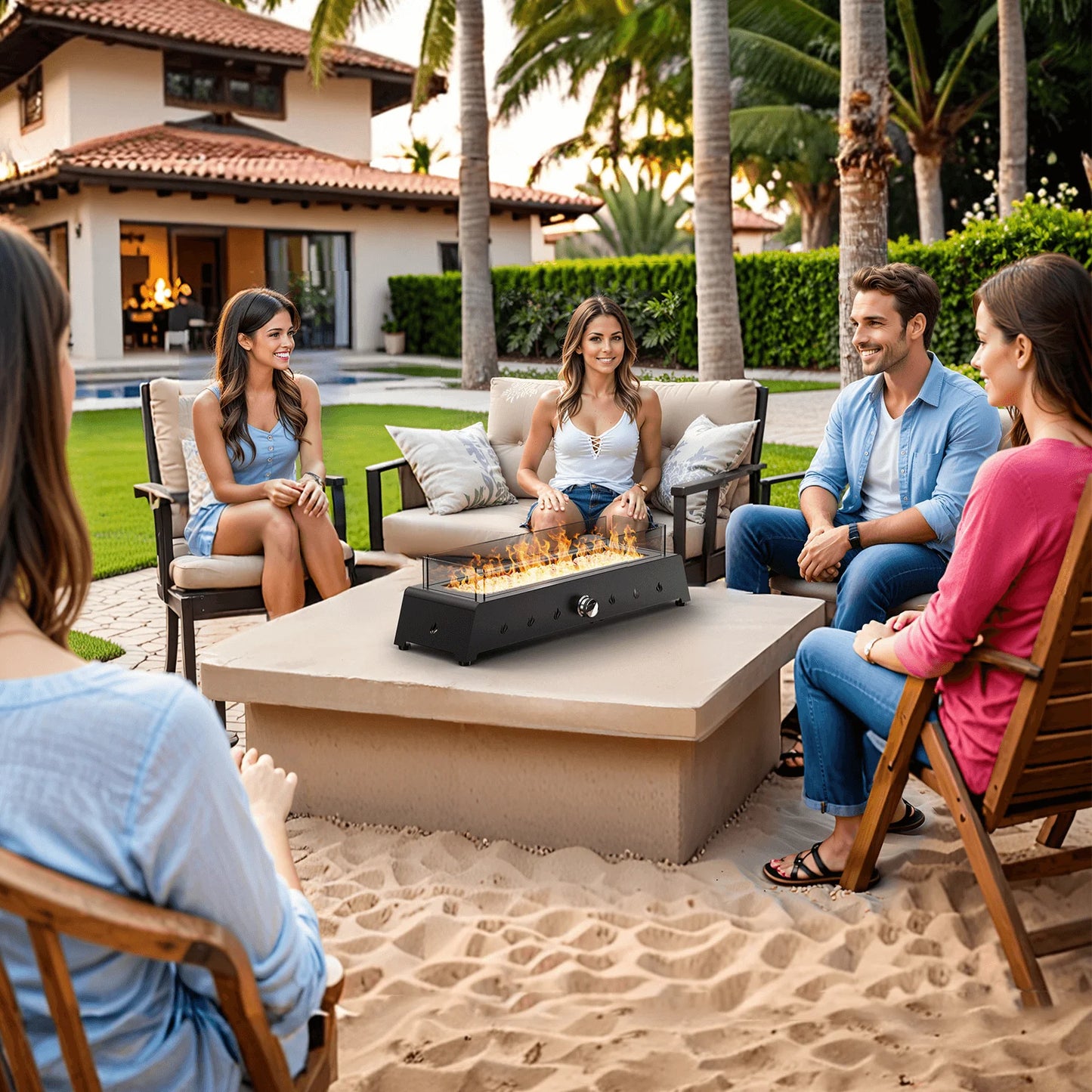 AJ Enjoy 40,000 BTU Tabletop Propane Fire Pit, 28'' Outdoor Rectangle Steel Fireplace with Wind Glass Shield, Laval Rocks