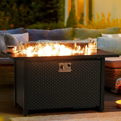 JOIVI 45° Propane Fire Pit, 50,000 BTU Gas Fire Pit Table with Glass Wind Guard and Waterproof Cover, Outdoor Heating Firepit Table for Patio, Yard, Balcony