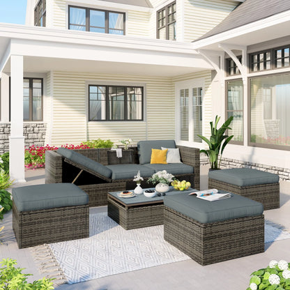 Highsound Patio Furniture Set Sofa 5-Piece Wicker PE Rattan Sectional Sofa Set, Outdoor Furniture Patio Conversation Sofa Set with Glass Coffee Table and Ottoman, Gray