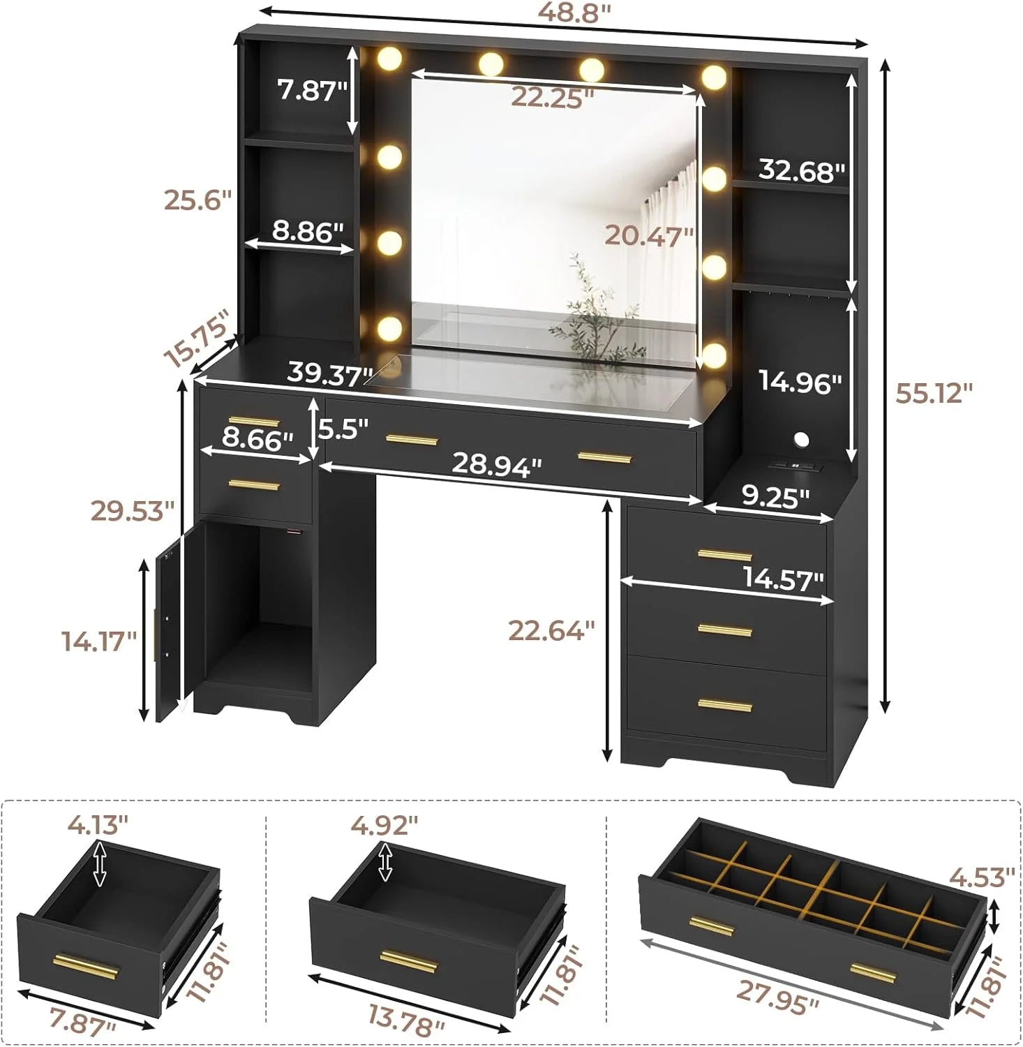Makeup Vanity Desk with Lighted Mirror & Charging Stations & 6 Drawers Large Vanity Table Bedroom Dressing Table with Glass Tabletop& Side Cabinet& Glass Tabletop, Black