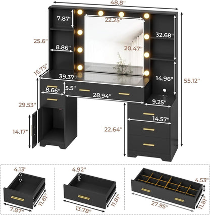 Makeup Vanity Desk with Lighted Mirror & Charging Stations & 6 Drawers Large Vanity Table Bedroom Dressing Table with Glass Tabletop& Side Cabinet& Glass Tabletop, Black