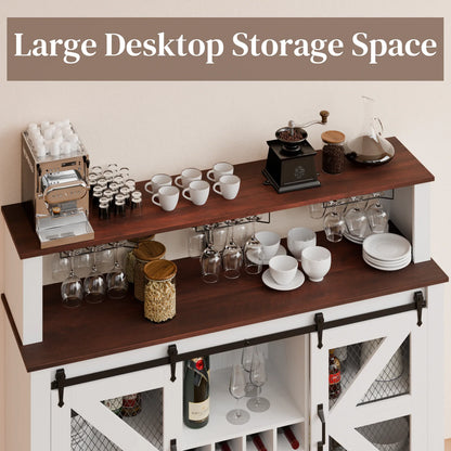 Waleaf Farmhouse Coffee Bar Cabinet with LED Lights, 55" Wine Bar Buffet Cabinet w/Sliding Barn Door & Wine and Glass Rack for Dining Room