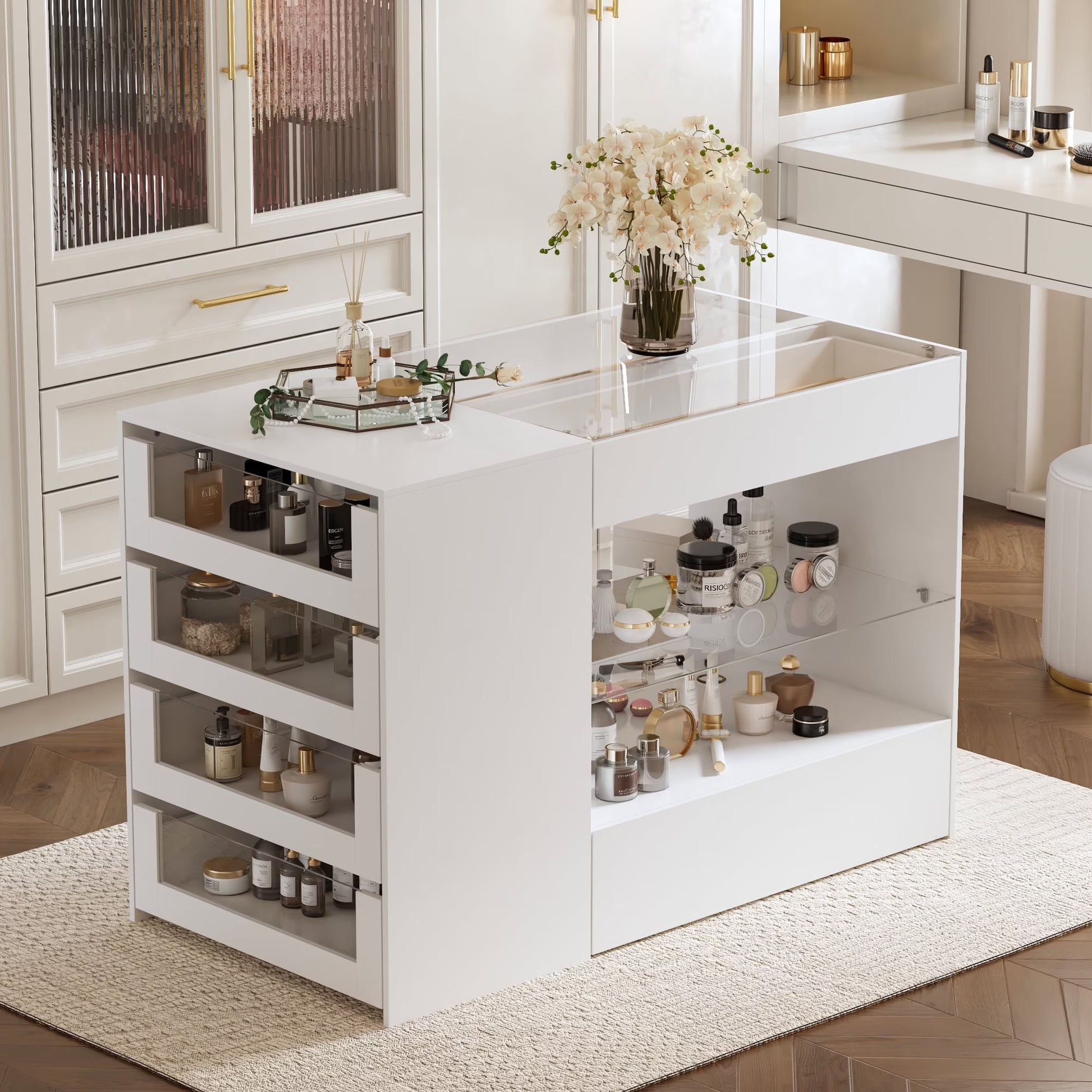 KULAGAGA Closet Island with Glass Top & 8 Drawers,Wardrobe Armoire Island for Walk-in Closet, Store Dressing Room, 47.2° W x 23.6° D x 31.5° H