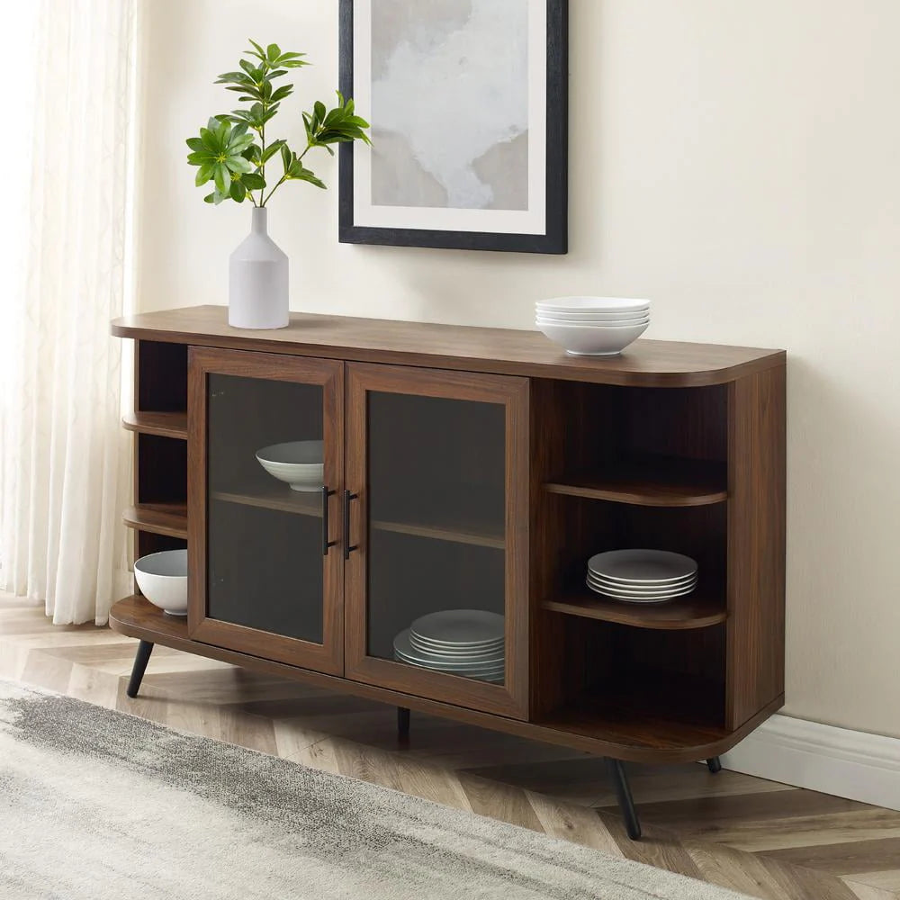 Walker Edison Modern Curved Edge Fluted Glass Door Sideboard Dark Walnut
