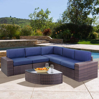 SOLAURA 6-Piece Patio Furniture Outdoor Conversation Set Patio All-Weather Wicker Sectional Sofa with Glass Coffee Table and Brown Cushions