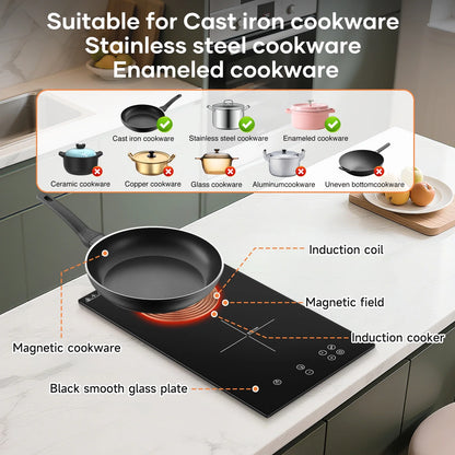 VoltCuisine Double/Dual Induction Cooktop 2 Burner, Shatter-proof Flat Glass Top, 9 Heat Settings, LED Touch Display with Child Safety Lock & Overheat Protection