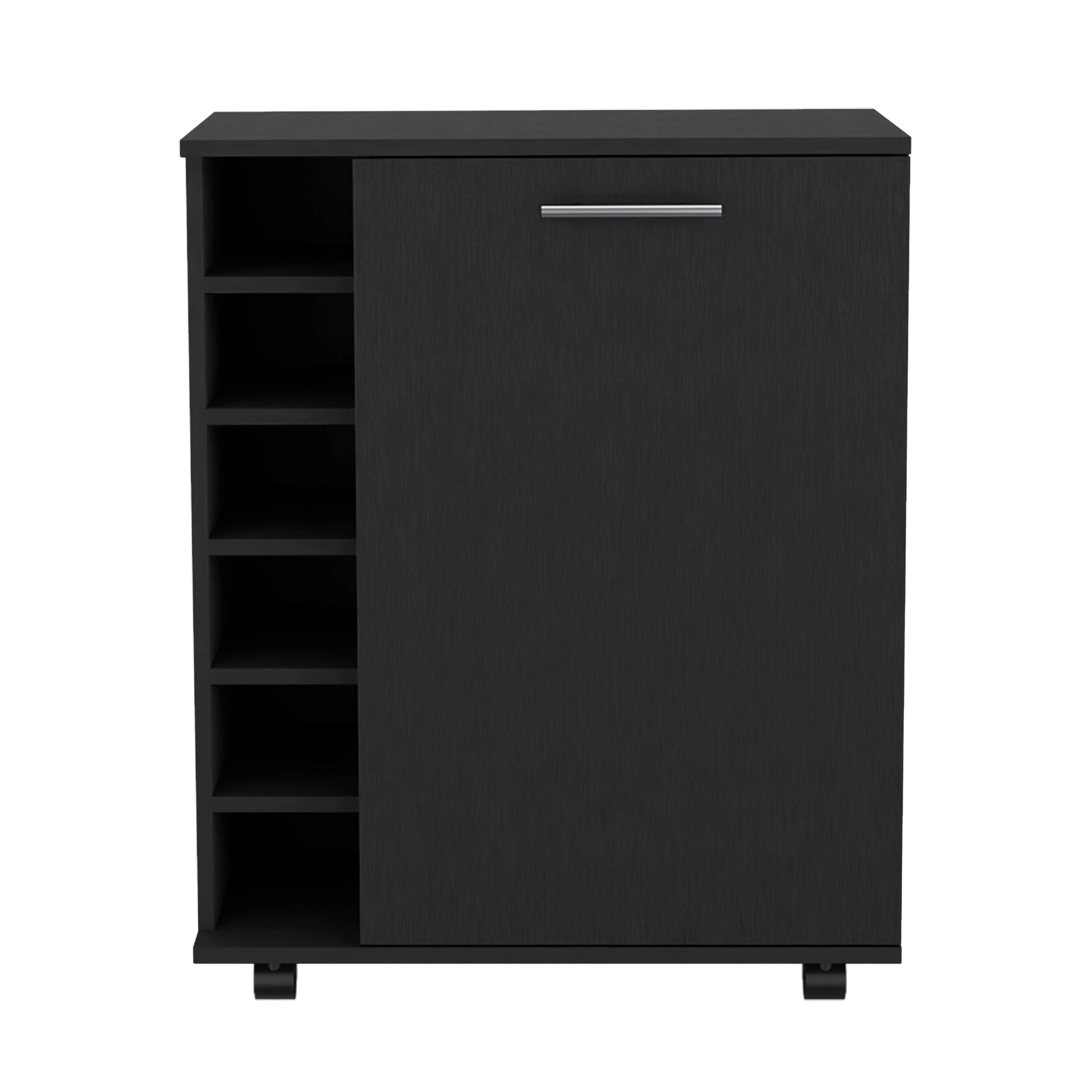 TUHOME Wick Bar Cart with Wine Rack, Glass Storage, Cabinet, and Rollers, Black