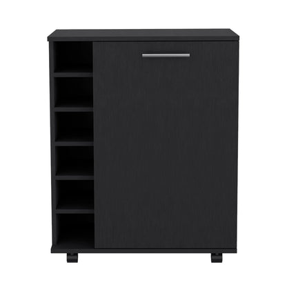 TUHOME Wick Bar Cart with Wine Rack, Glass Storage, Cabinet, and Rollers, Black