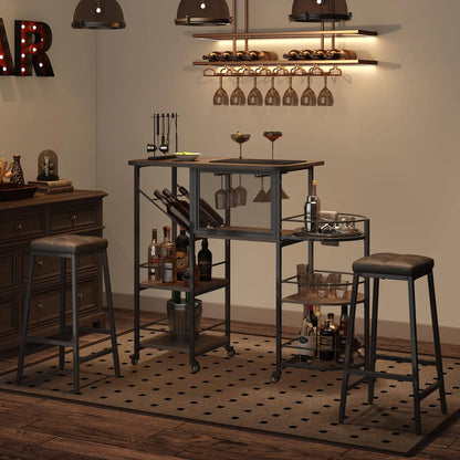 Bar Cart, Home Bar Service Cart with Wine Rack and Glass Holder, Kitchen Cart with Rolling Wheels, Metal Bar Rack with 7 Tiers Storage for Home, Kitchen, Living Room, Dining Room (Brown)