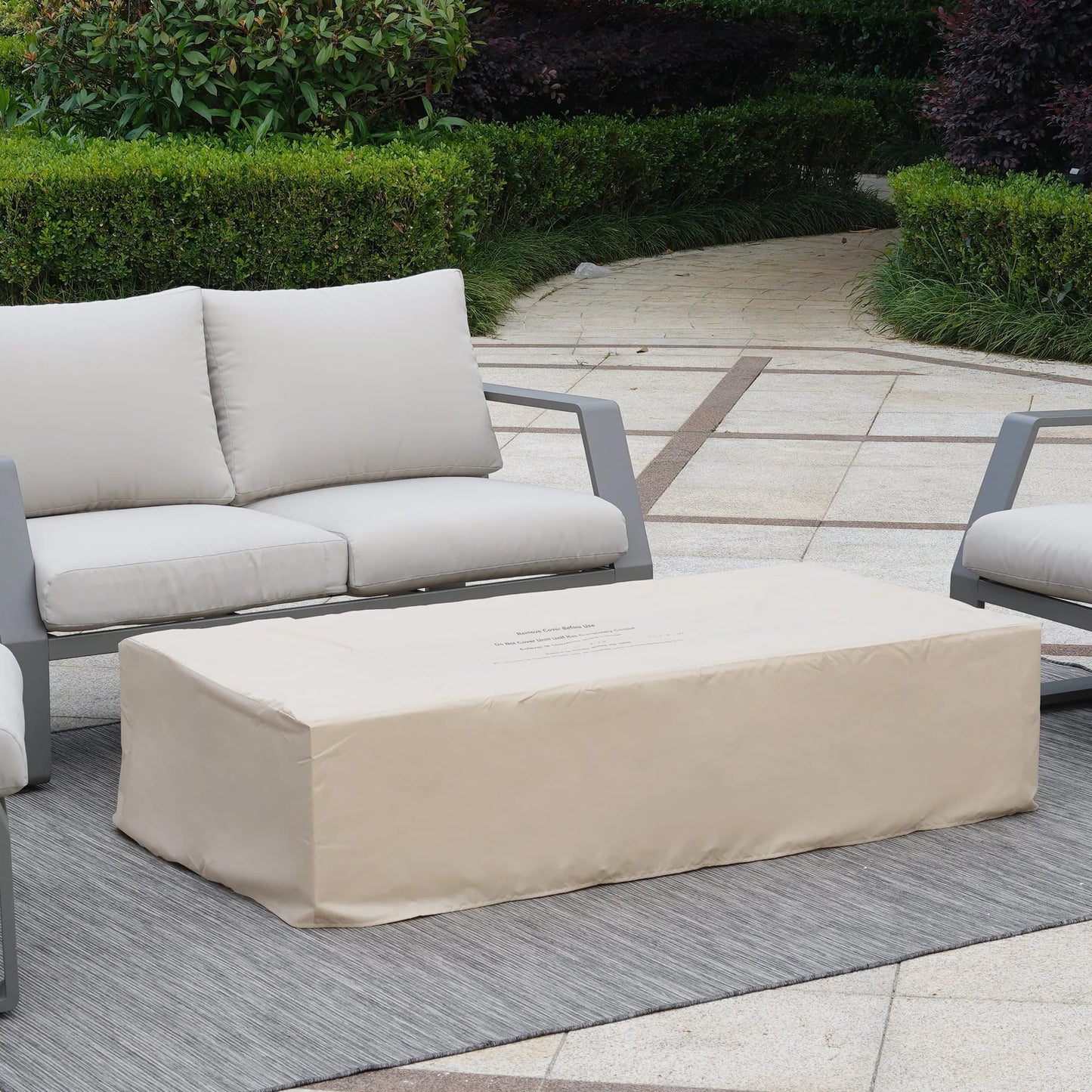 ESSENTIAL LOUNGER 56 inch Concrete Propane Fire Pit Table, 50,000 BTU Outdoor Firepit Rectangular Table for Garden& Patio, with Propane Tank Metal Stand, Fire Glass Beads and Waterproof Cover, White