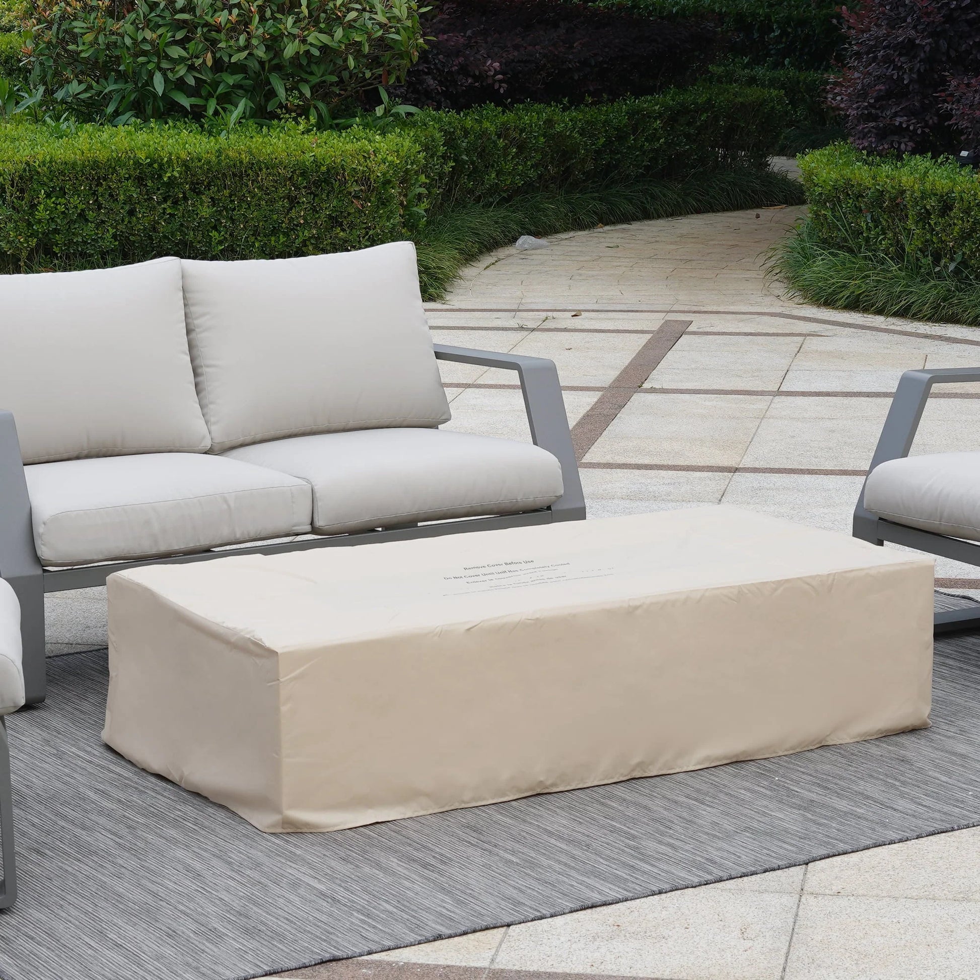 ESSENTIAL LOUNGER 56 inch Concrete Propane Fire Pit Table, 50,000 BTU Outdoor Firepit Rectangular Table for Garden& Patio, with Propane Tank Metal Stand, Fire Glass Beads and Waterproof Cover, White
