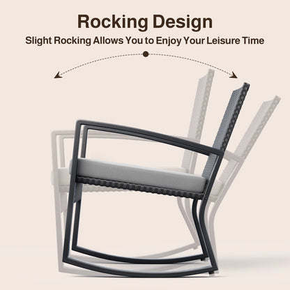 Patio Furniture Set for 4,Lofka 4 Pieces Patio Comversation Set with Outdoor Rocking Chairs,Rattan Loveseat,Glass Bistro Coffee Table,Removable Cushion for Backyard Balcony Lawn Pool,Gray