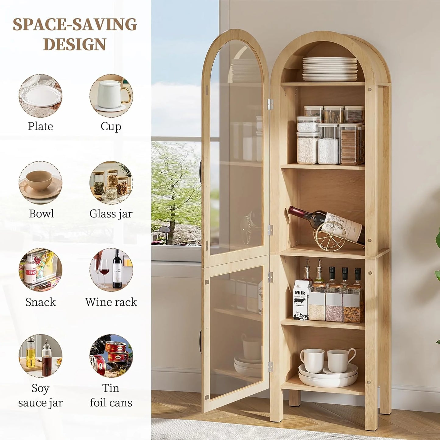 Tall Arched Storage Display Cabinet 5-Shelf with Acrylic Glass Doors, Kitchen Pantry Storage Cabinet Accent Cabinet Bookcase for Living Dining Room