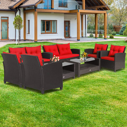 Costway 8 PCS Patio Rattan Furniture Set Glass Table Shelf Sofa Cushion Turquoise
