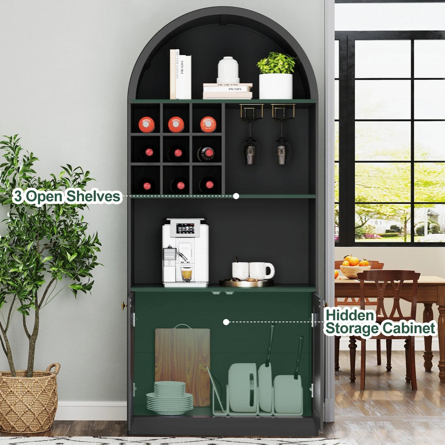 COSVALVE 71" Arched Bar Cabinet with Glass Holder, Wine Rack, Shelves, Doors, Arch Bookshelf (Black)
