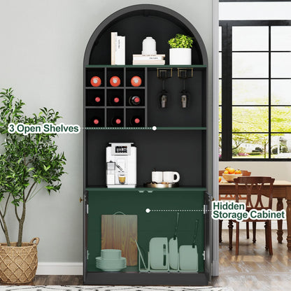 COSVALVE 71" Arched Bar Cabinet with Glass Holder, Wine Rack, Shelves, Doors, Arch Bookshelf (Black)