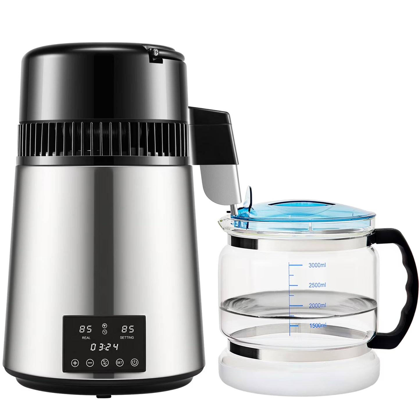 BENTISM 4L 750W Water Distiller with Dual Temp Display & Glass Carafe, Silver