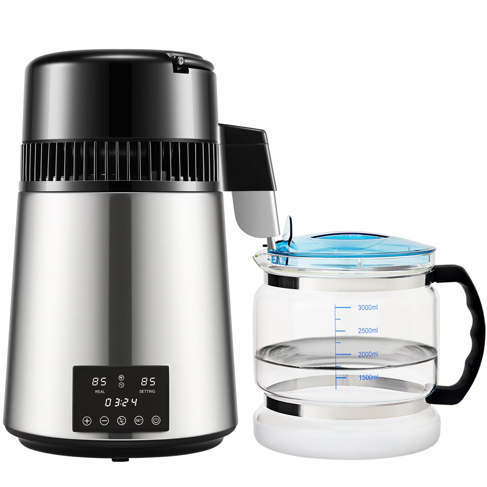 BENTISM 4L 750W Water Distiller with Dual Temp Display & Glass Carafe, Silver