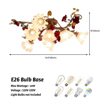 Lakiq Vintage Style Flower Glass Semi Flush Mount Ceiling Light Red Rose Decor Metal Ceiling Lamp for Living Room,7-light