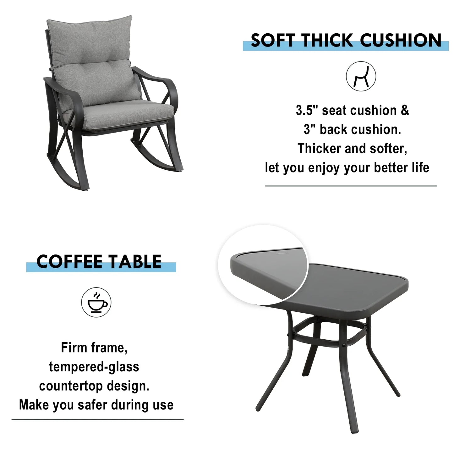 COSIEST 3 Piece Rocking Chair Bistro Set, Patio Outdoor Furniture w Cushions, Glass-Top Table
