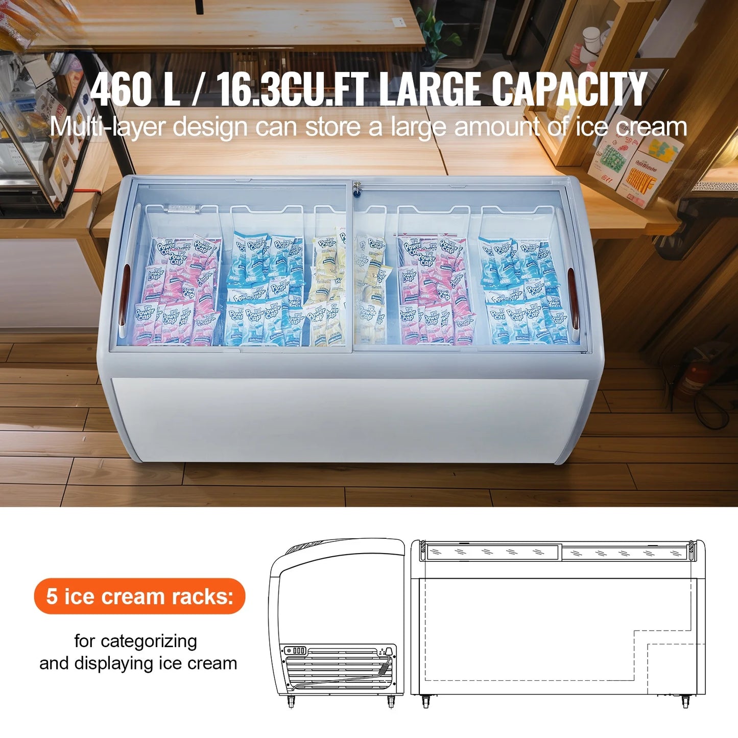 KFFKFF Professional Ice Cream Showcase, 16.3 Cubic Feet Storage Freezer, Portable Transparent Lid Deep Freezer, Dining Establishment Sorbet Serving Cabinet,5 Metal Baskets, Dual Slide Glass Doors