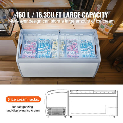 KFFKFF Professional Ice Cream Showcase, 16.3 Cubic Feet Storage Freezer, Portable Transparent Lid Deep Freezer, Dining Establishment Sorbet Serving Cabinet,5 Metal Baskets, Dual Slide Glass Doors