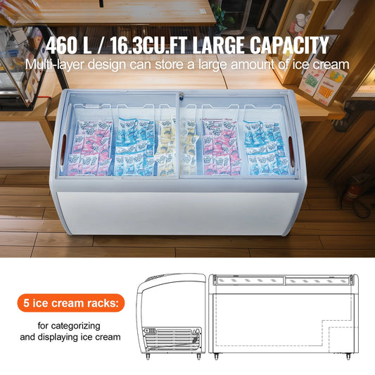 KFFKFF Professional Ice Cream Showcase, 16.3 Cubic Feet Storage Freezer, Portable Transparent Lid Deep Freezer, Dining Establishment Sorbet Serving Cabinet,5 Metal Baskets, Dual Slide Glass Doors