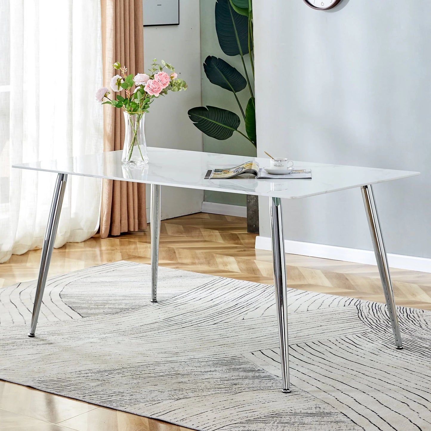 PWOPWOE Modern Minimalist Rectangular Glass Dining Table with 0.4 "White Imitation Marble Glass Sticker Desktop And Silver Metal Legs, suitable for Kitchens, Restaurants, And Living Rooms63"*35.4"*30"