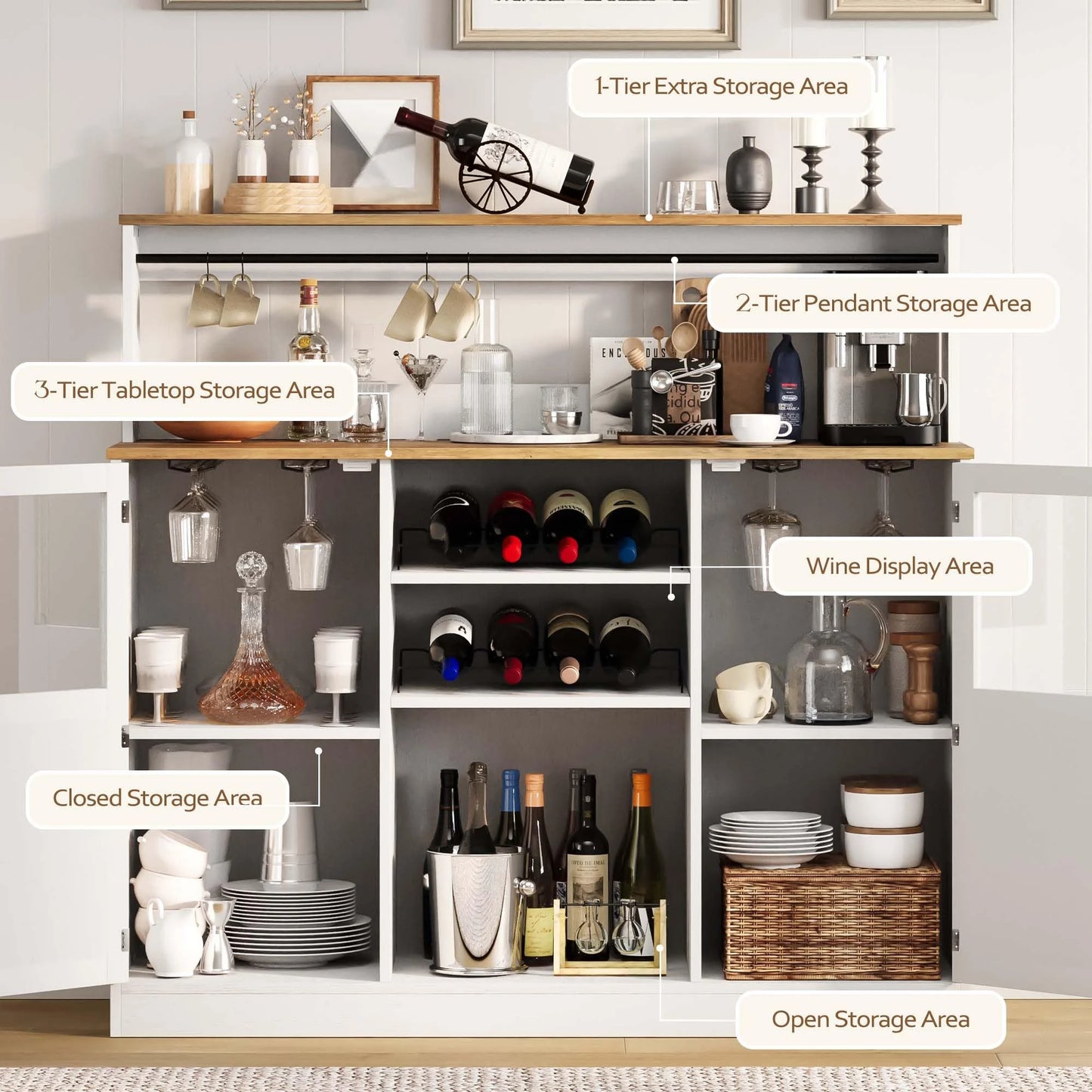 Vividwood Buffet Cabinet with Storage, 47'' Farmhouse Coffee Bar Cabinet with Wine Rack and Glass Goblet Holder, Bar Station Wood Kitchen Table for Dining Room, Living Room, White/Brown