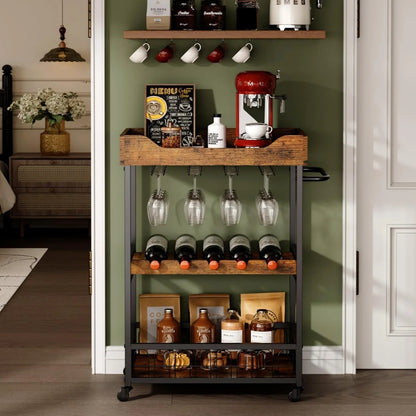 x-Cosrack 3 Tier Home Bar Cart with Wine Rack and Glasses Holder, Mobile Kitchen Storage on Wheels, Brown
