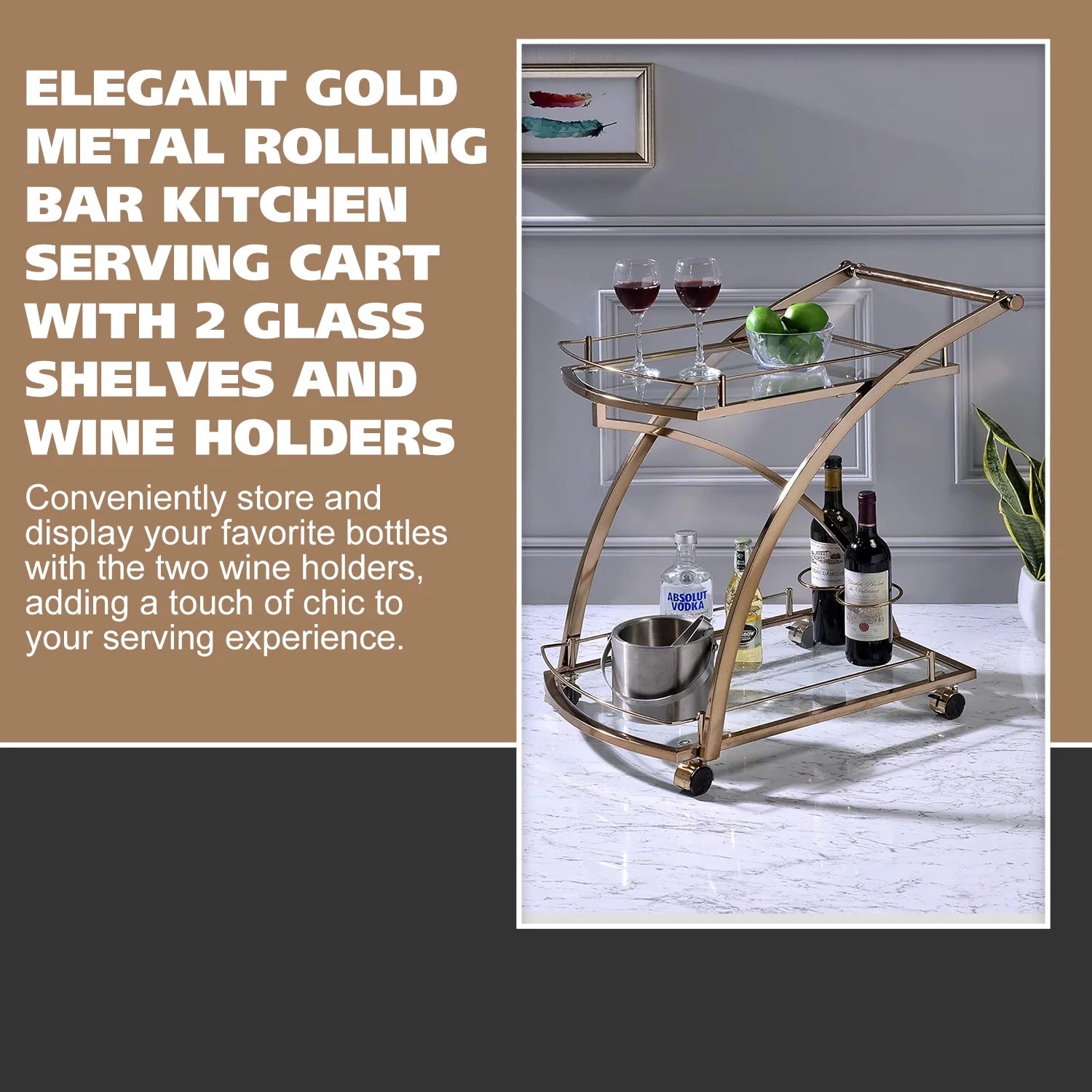 Kings Brand Furniture Metal Rolling Bar Kitchen Serving Cart with 2 Glass Shelves and Wine Holders, Gold