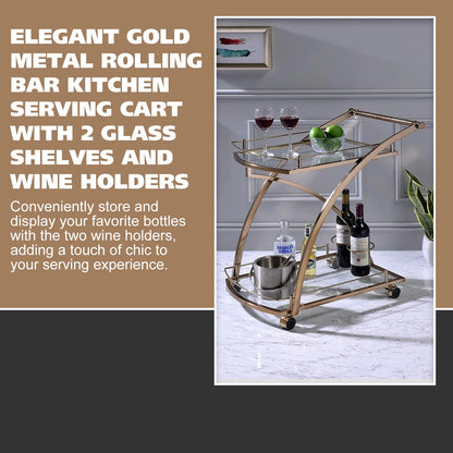 Kings Brand Furniture Metal Rolling Bar Kitchen Serving Cart with 2 Glass Shelves and Wine Holders, Gold