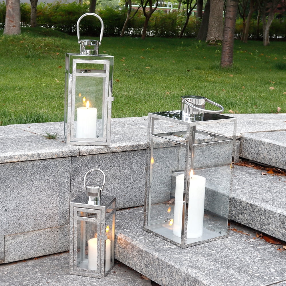 Stainless Steel Lantern Set of 3 12/15/19" Metal Lanterns with Tempered Glass for Parties & Events (Silver )