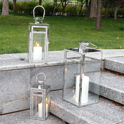 Stainless Steel Lantern Set of 3 12/15/19" Metal Lanterns with Tempered Glass for Parties & Events (Silver )