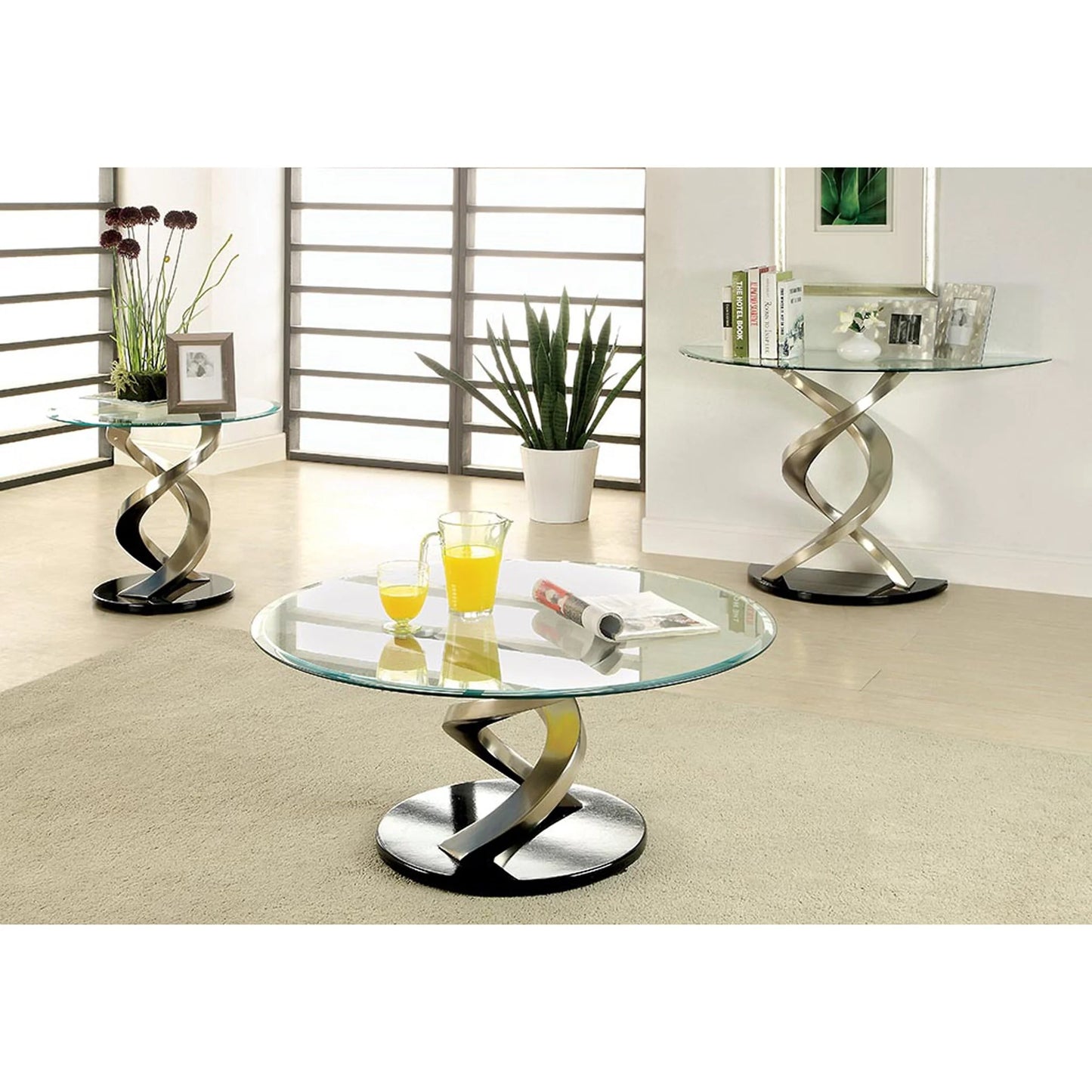 Furniture of America Sele Contemporary Silver 45-inch Glass Top Half-moon Sofa Table by