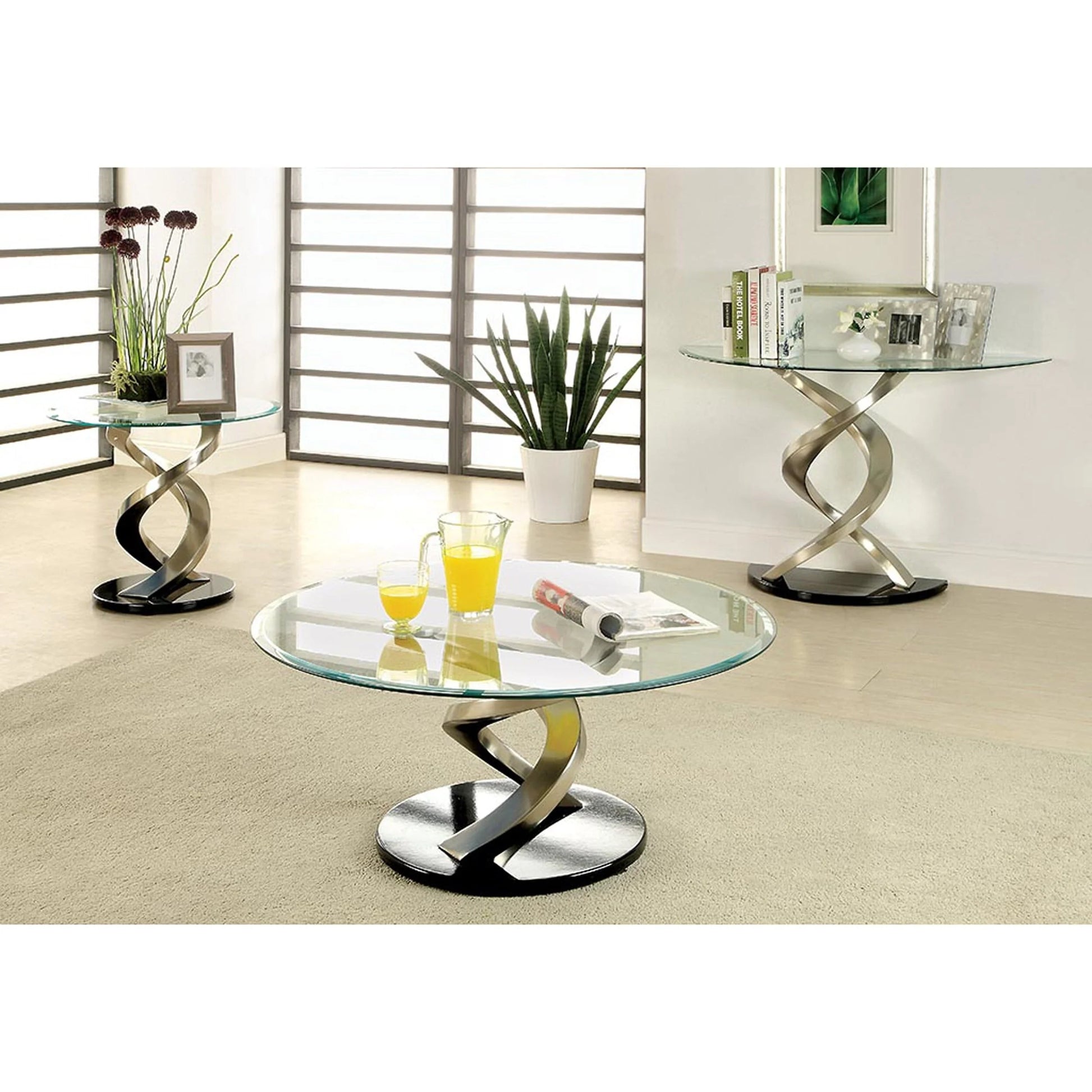 Furniture of America Sele Contemporary Silver 45-inch Glass Top Half-moon Sofa Table by