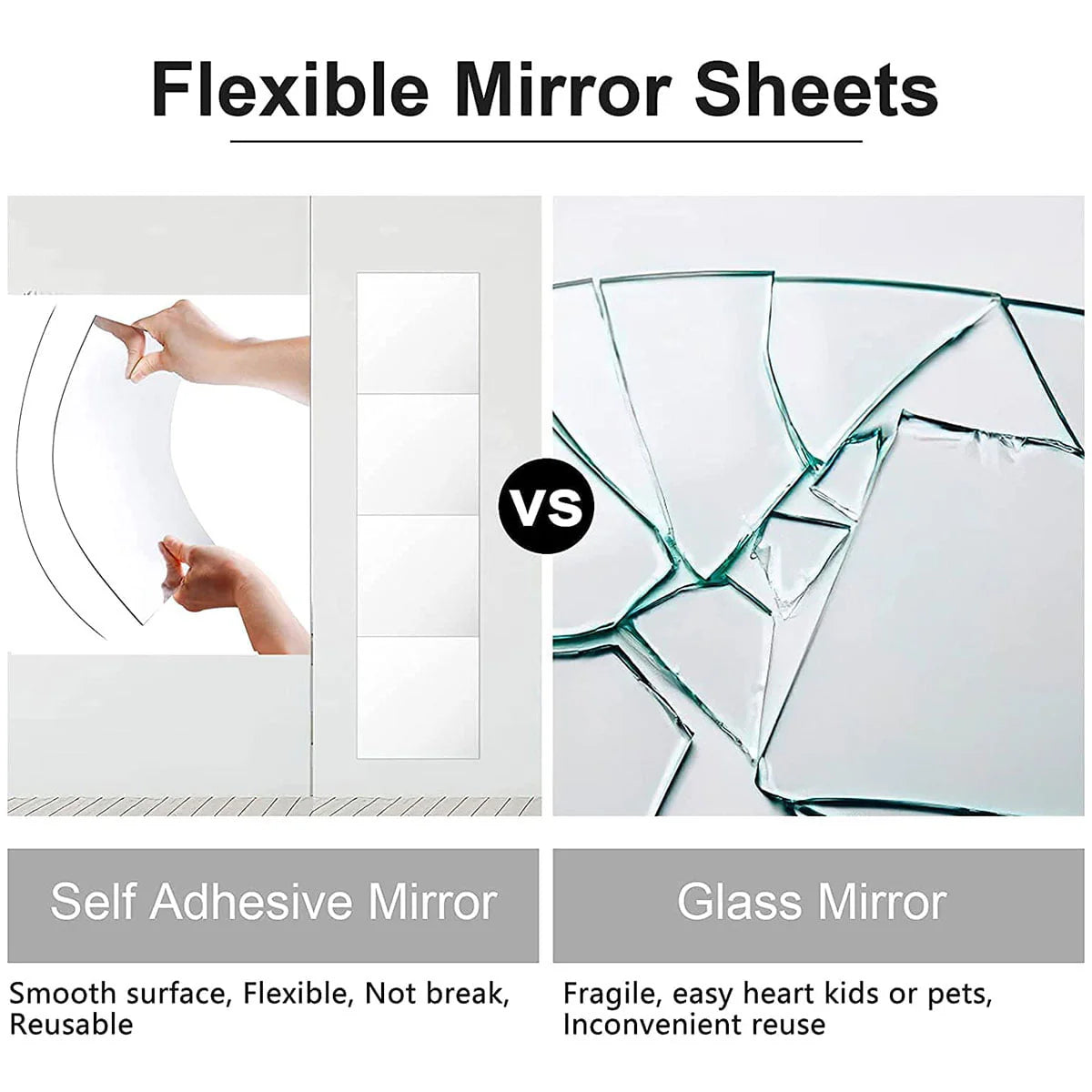 EUWBSSR 10pcs 12in Flexible Mirror Sheets Self-Adhesive Plastic Mirror Tiles Non-Glass Mirror Sticker,Ultra-Thin Flexible Mirror Sheets for Bedroom Closet Bathroom