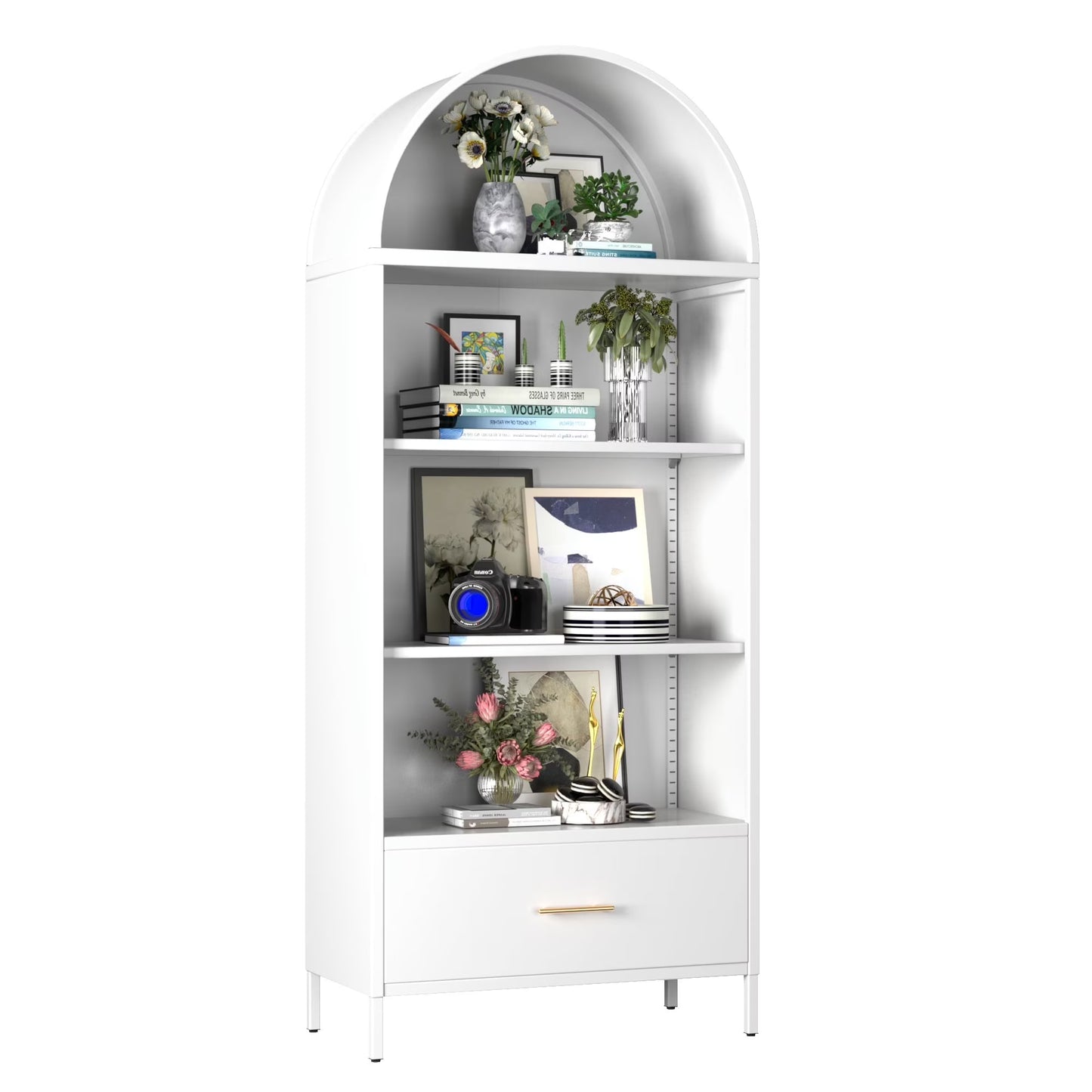 SUPEER Metal Arched Storage Display Cabinet with Glass Doors and Adjustable Shelves, Lockable Cabinet, Assembly Required, Black