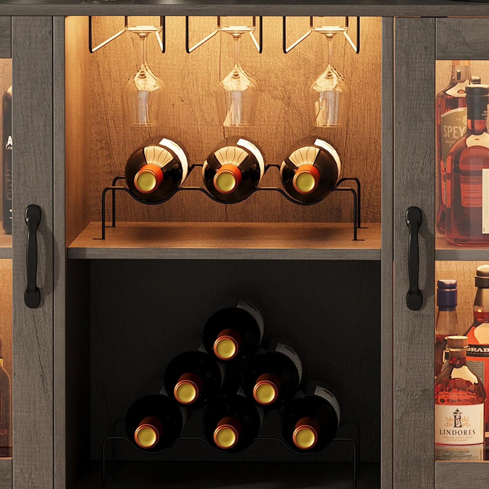 Bar Cabinet with Storage Shelves, Coffee Bar Cabinet with LED Lights, Liquor Cabinet with Wine Rack and Glass Goblet Holder, Kitchen Sideboard Buffet Cabinet for Home, Kitchen, Dining Room
