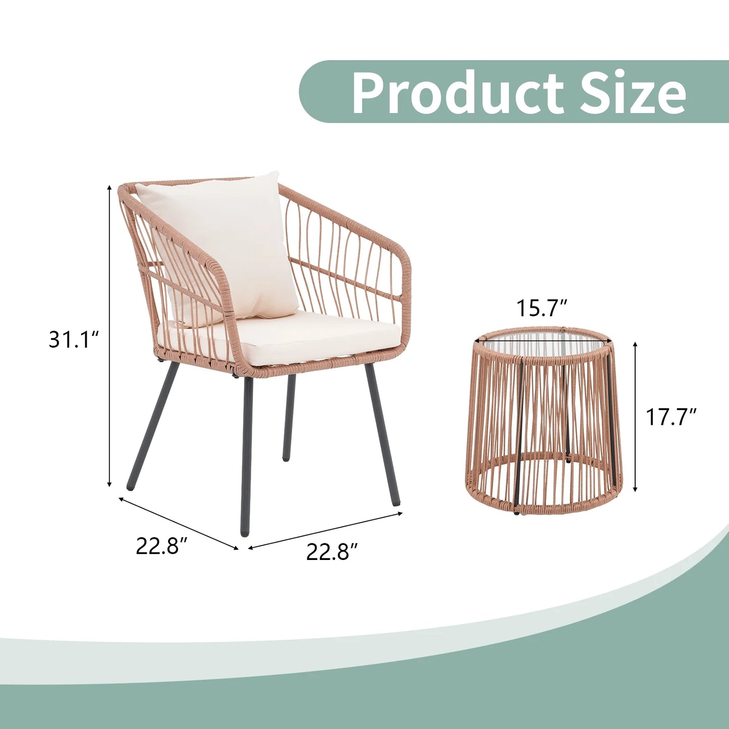 Patio Furniture Set, Betcozy3 Pieces Outdoor Chairs Set with Glass Coffee Table for Garden, Bistro, Porch, Balcony, Backyard