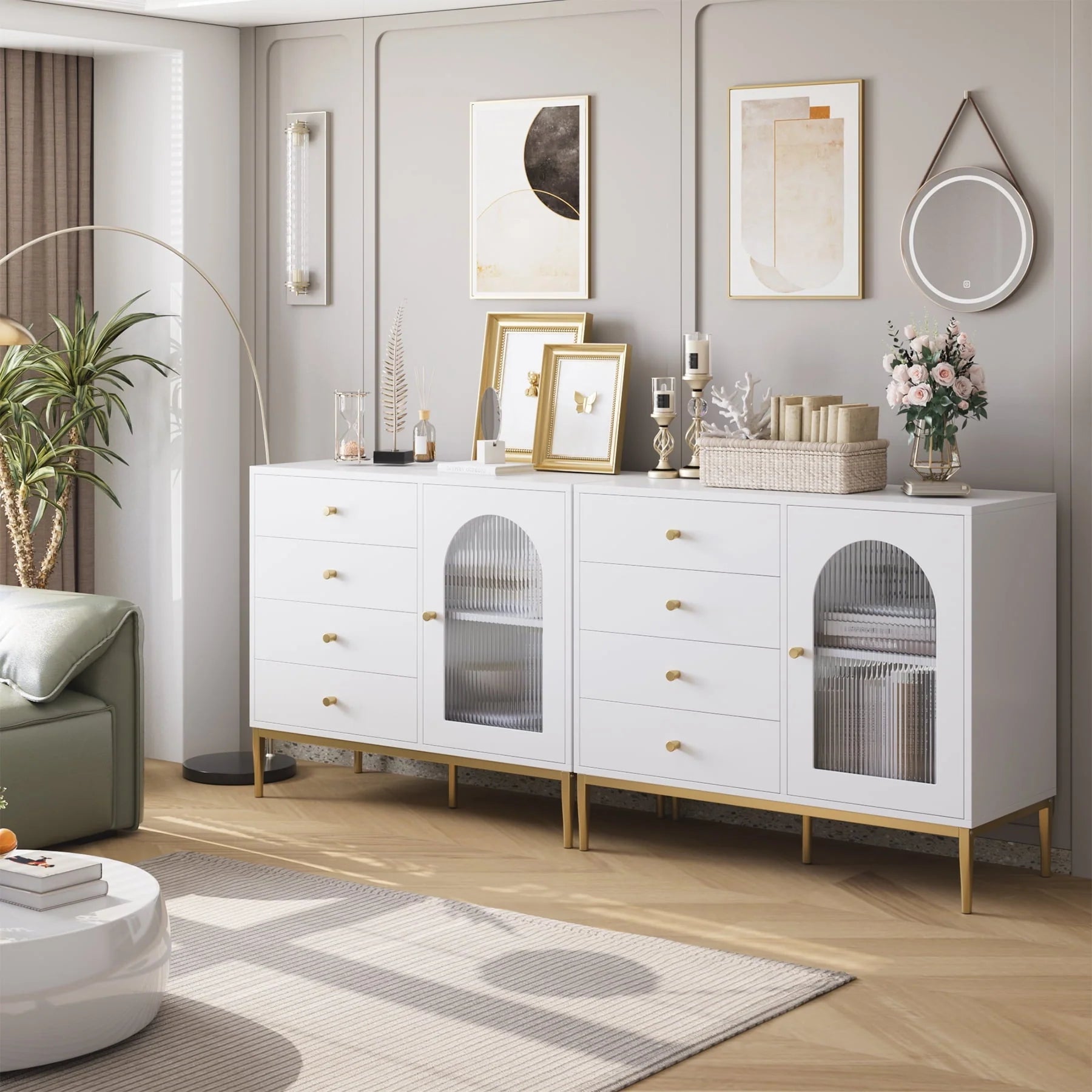 Homfa 4 Drawer Storage Cabinet, Modern Wooden Cupboard with Frosted Glass for Living Room, White Finish