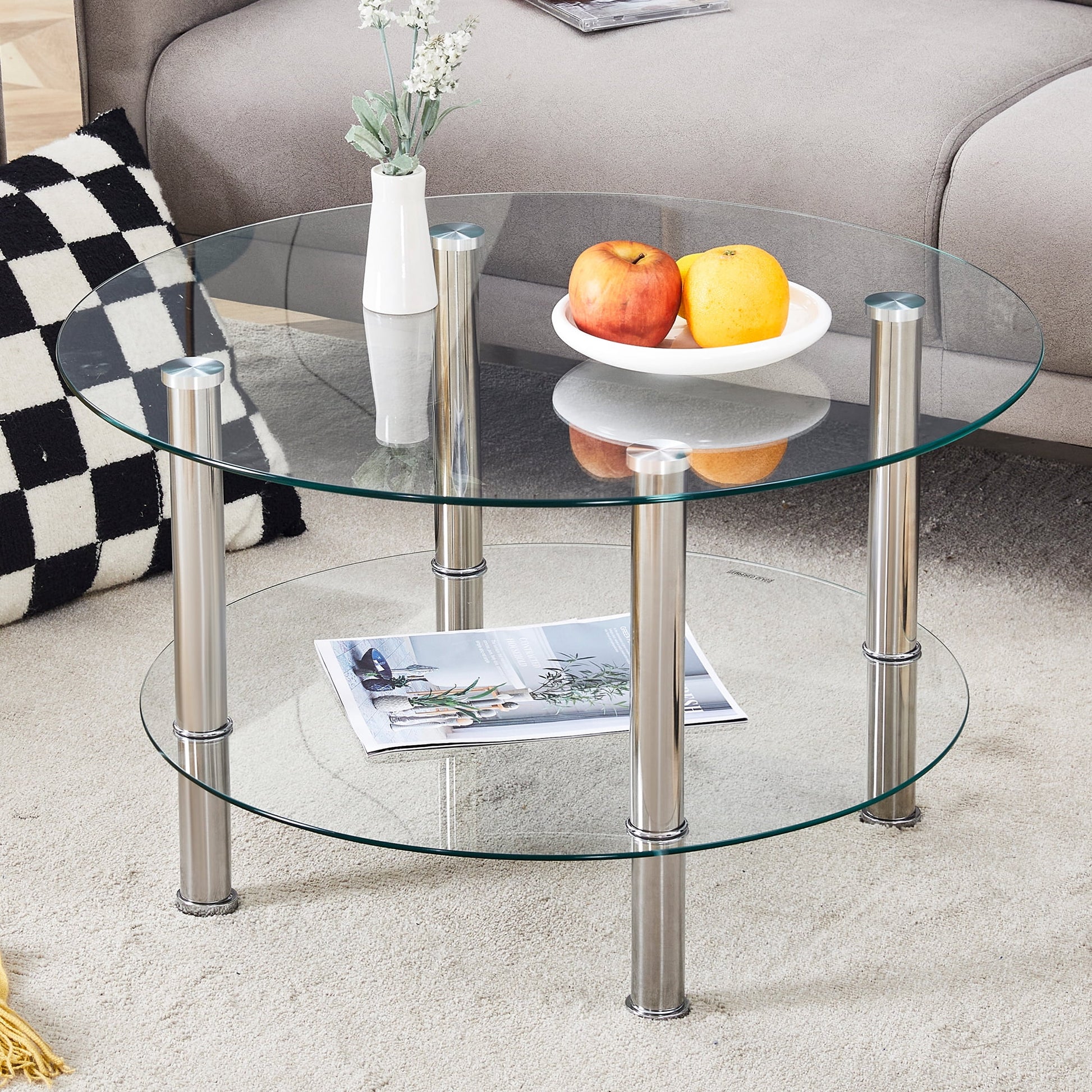 Coffee Tables Contemporary Minimalist Double Layer Tempered Glass Coffee Table - 27.5" Top and 23.6" Bottom.Reinforced Glass Tabletop,Stainless Steel Silver Plated Legs.,End Tables