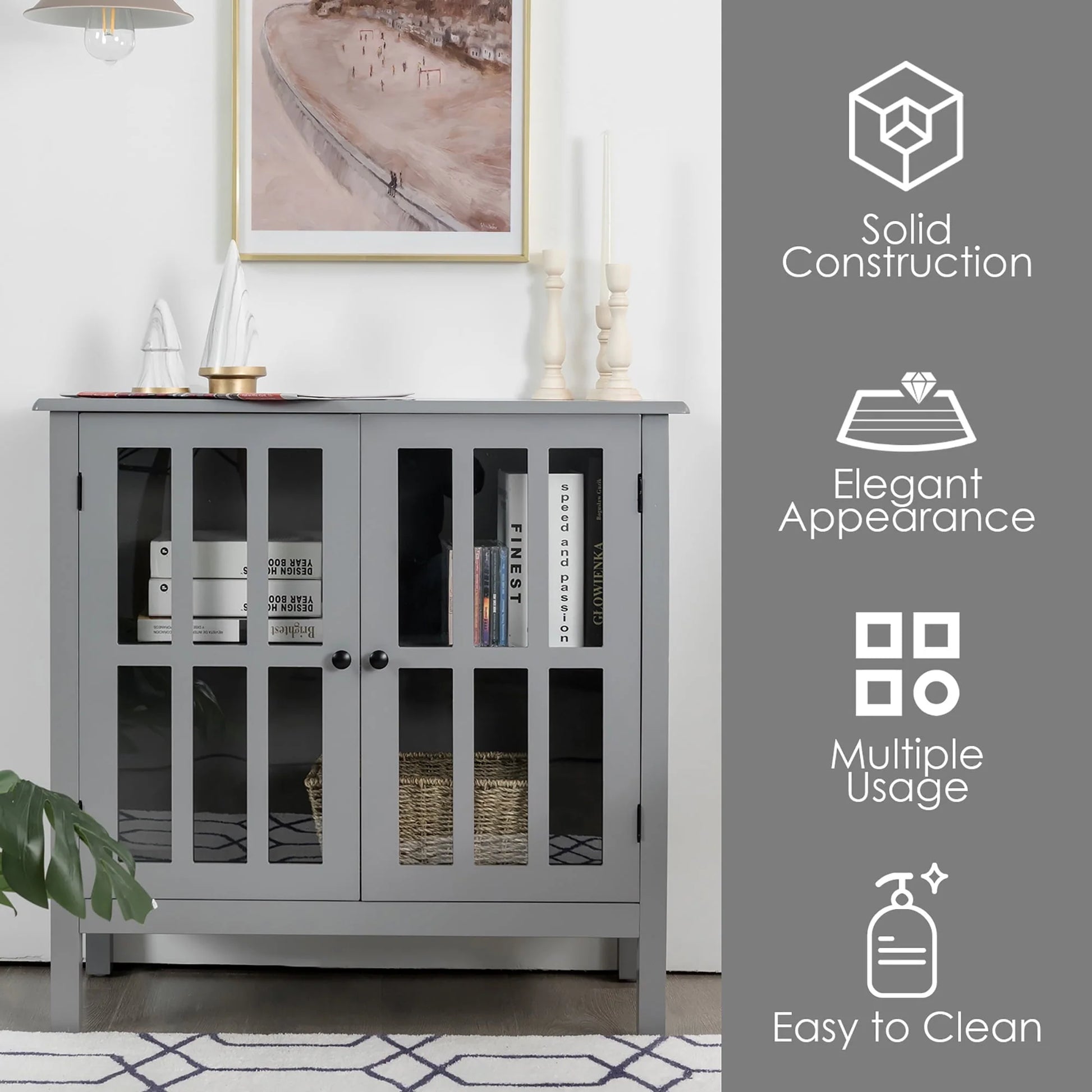 Costway Storage Buffet Cabinet Glass Door Sideboard Console Table Server Gray